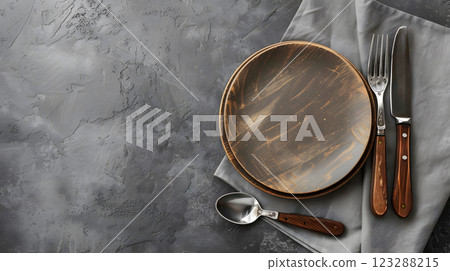 Cutlery, fork, knife, spoon and empty plate on a colored background. AI Generated 123288215