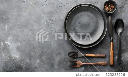 Cutlery, fork, knife, spoon and empty plate on a colored background. AI Generated 123288216