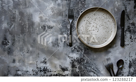 Cutlery, fork, knife, spoon and empty plate on a colored background. AI Generated 123288217