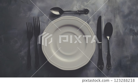 Cutlery, fork, knife, spoon and empty plate on a colored background. AI Generated 123288218