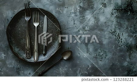 Cutlery, fork, knife, spoon and empty plate on a colored background. AI Generated 123288221