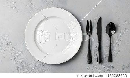 Cutlery, fork, knife, spoon and empty plate on a colored background. AI Generated 123288233