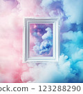 Floating White Picture Frame in Dreamy Colorful Clouds 123288290