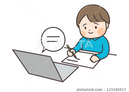 An elementary school boy studying at home using videos 123288413