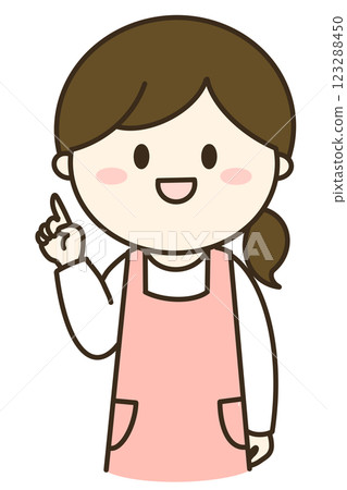 A simple illustration of a woman wearing an apron explaining something by pointing 123288450