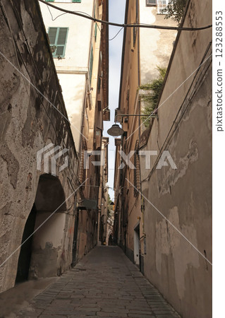 Traditional buildings, pedestrianized narrow streets of old town. Genoa and the medieval architecture of Italy. Windows, arches and doors. Traditional buildings, pedestrianized narrow streets of old town. Genoa and the medieval architecture of Italy. Windows, arches and doors. 123288553