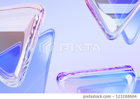 Abstract 3d blue background wallpaper with crystal glass plastic triangle plates render. Triangular transparent shapes with rainbow light prism effect, holographic gradient texture. 3D illustration 123288604