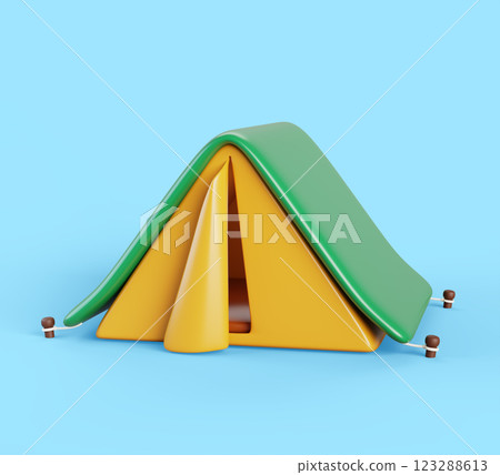 Camping tent cartoon 3d render icon. Equipment for travel, hiking and activity vacation. Yellow green tourist tent for summer camp and outdoor adventure isolated on blue background. 3D illustration Camping tent cartoon 3d render icon. Equipment for travel, hiking and activity vacation. Yellow green tourist tent for summer camp and outdoor adventure isolated on blue background. 3D illustration 123288613
