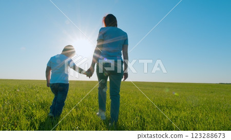 Happy Family Go Hand In Hand With Son In Nature In Park At Sunset. Mom And Son Walk In Summer Park. Mother And Boy Kid Together Hands At Sunset. Gimbal shot. Happy Family Go Hand In Hand With Son In Nature In Park At Sunset. Mom And Son Walk In Summer Park. Mother And Boy Kid Together Hands At Sunset. Gimbal shot. 123288673
