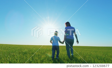 Happy Mom And Son Are Walking On Grass On Lawn. Happy Family Mom And Son A Walk Hold Hands In Park. Boy Holding Hands Walking With Mother At Sunny Summer Green Grass Meadow. Gimbal Stabilize. 123288677