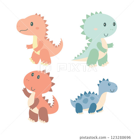 Set of Happy Funny Dino Dinosaur Animal Cartoon Character in Forest 123288696