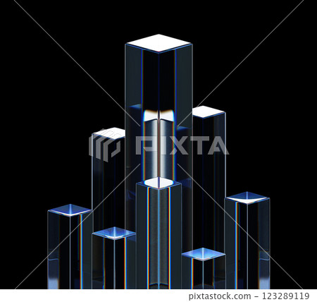 3d crystal glass pillars on black background. Abstract transparent square columns with rainbow light prism effect render. Clear glossy rectangle cube block pattern with blue gradient. 3D illustration 3d crystal glass pillars on black background. Abstract transparent square columns with rainbow light prism effect render. Clear glossy rectangle cube block pattern with blue gradient. 3D illustration 123289119