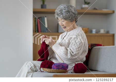 Senior woman knitting, profile Senior woman knitting, profile 123289217