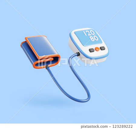 3d tonometer, electronic blood pressure. Medical equipment, device with monitor and cuff for diagnosis of arterial hypertension. Medicine and health care concept. Cartoon render icon. 3D illustration 123289222