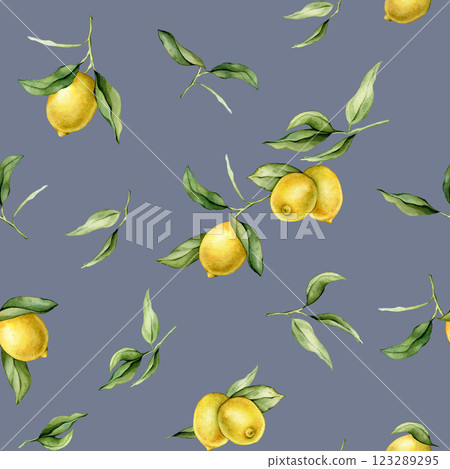 Seamless pattern with watercolor illustration of Lemon or Lime. Hand painted lemon branche with green leaves on white isolated background for juice label or icon. Seamless pattern with watercolor illustration of Lemon or Lime. Hand painted lemon branche with green leaves on white isolated background for juice label or icon. 123289295