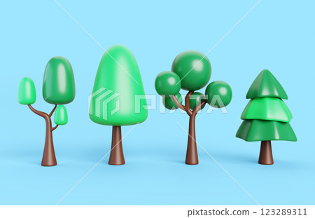 Green trees set 3d render icon. Cartoon plants with branches and leaves for spring or summer park, wood, forest, garden, landscape design. Nature objects isolated on blue background. 3D illustration Green trees set 3d render icon. Cartoon plants with branches and leaves for spring or summer park, wood, forest, garden, landscape design. Nature objects isolated on blue background. 3D illustration 123289311