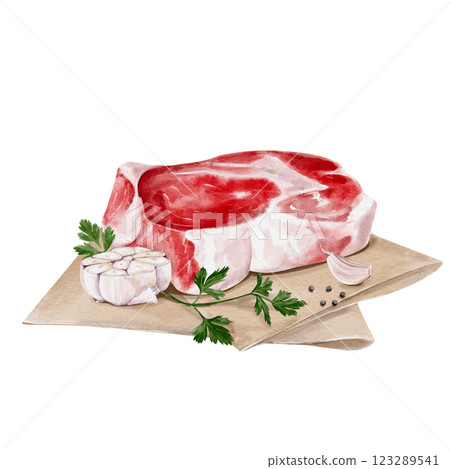 A piece of meat lies on paper with garlic and herbs. Raw steak with parsley and spices. Fresh beef or lamb or pork. The garlic is cut in half. Watercolor illustration isolated from background.  123289541