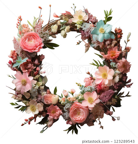Aerial view of a cute wreath of pastel-colored spring flowers 123289543