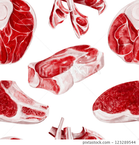 Raw fresh meat of beef, pork, lamb and horse meat. Seamless pattern with different types of meat. Meat on the bone and fillet. Watercolor illustration isolated from background.  123289544