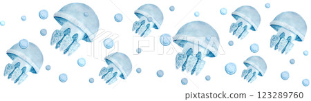 Jellyfish watercolor seamless border isolated on white. Clip art. High quality hand-drawn blue monochromatic illustration for notebooks, wrapping paper, wallpaper, eco, tourism, room decor design 123289760