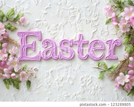 Easter decoration on white textured background with pink flowers and greenery 123289805