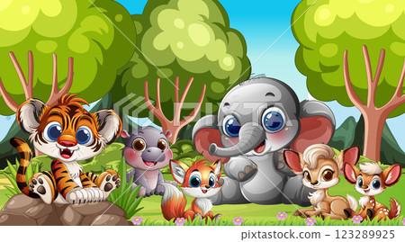 Cute Animals in a Forest Gathering 123289925