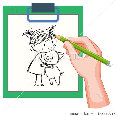 Child and Piglet Doodle on Clipboard 123289946