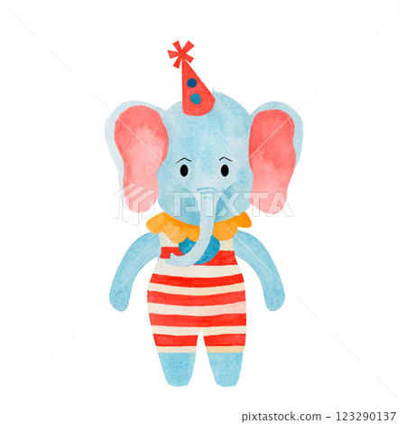 Cartoon circus elephant in a red retro tights, a strong man. Hand drawn watercolor illustration. Separate on a white background. Creative illustrations for children, cards, invitations, posters Cartoon circus elephant in a red retro tights, a strong man. Hand drawn watercolor illustration. Separate on a white background. Creative illustrations for children, cards, invitations, posters 123290137