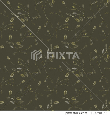 Leaves and twigs seamless pattern watercolor and pencil hand drawn in earthy green warm colors. Leaves and twigs seamless pattern watercolor and pencil hand drawn in earthy green warm colors. 123290138