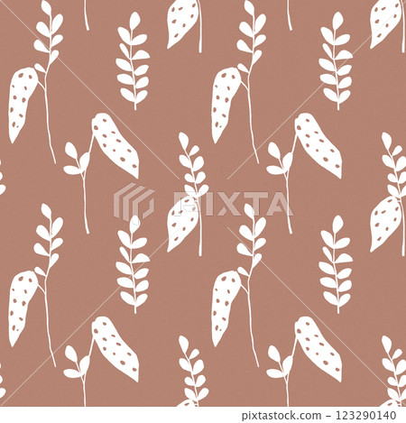 Seamless tropical begonia leaves pattern. Hand painted jungle leaf wallpaper, wrapping paper, fabric design. White leaves on mocha mousse background 123290140