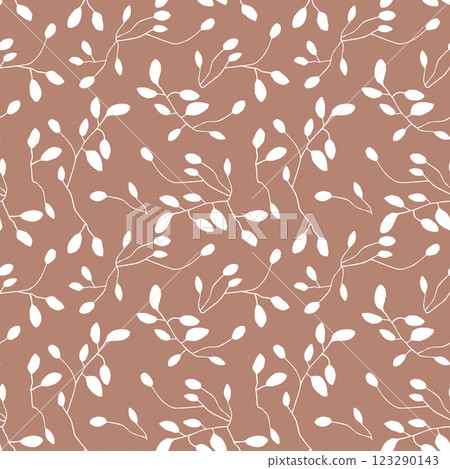Leaves and twigs seamless pattern hand drawn in mocha mousse. White greenery on mocha mousse background 123290143