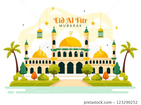Happy Eid Al-Fitr Mubarak Illustration featuring a Mosque and a Muslim Celebration on this Special Day, Bringing Peace and Happiness to Everyone Happy Eid Al-Fitr Mubarak Illustration featuring a Mosque and a Muslim Celebration on this Special Day, Bringing Peace and Happiness to Everyone 123290252