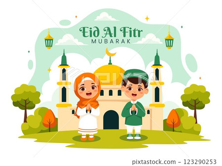 Happy Eid Al-Fitr Mubarak Illustration featuring a Mosque and a Muslim Celebration on this Special Day, Bringing Peace and Happiness to Everyone Happy Eid Al-Fitr Mubarak Illustration featuring a Mosque and a Muslim Celebration on this Special Day, Bringing Peace and Happiness to Everyone 123290253