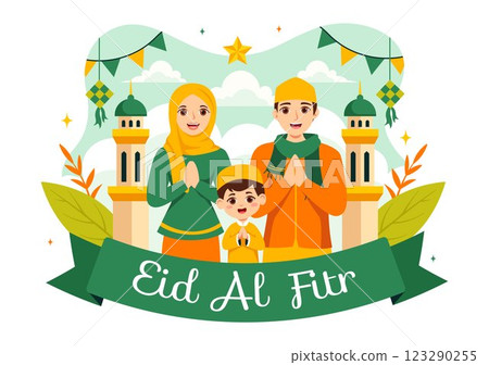 Happy Eid Al-Fitr Mubarak Illustration featuring a Mosque and a Muslim Celebration on this Special Day, Bringing Peace and Happiness to Everyone Happy Eid Al-Fitr Mubarak Illustration featuring a Mosque and a Muslim Celebration on this Special Day, Bringing Peace and Happiness to Everyone 123290255