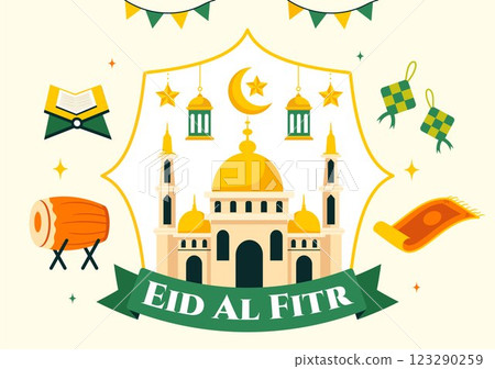 Happy Eid Al-Fitr Mubarak Illustration featuring a Mosque and a Muslim Celebration on this Special Day, Bringing Peace and Happiness to Everyone 123290259