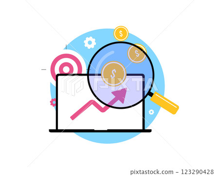 Analyzing financial growth with data insights, revenue trends, and digital marketing analytics. Magnifying glass, rising graph, and coins symbolize business success, investment and profit optimization Analyzing financial growth with data insights, revenue trends, and digital marketing analytics. Magnifying glass, rising graph, and coins symbolize business success, investment and profit optimization 123290428