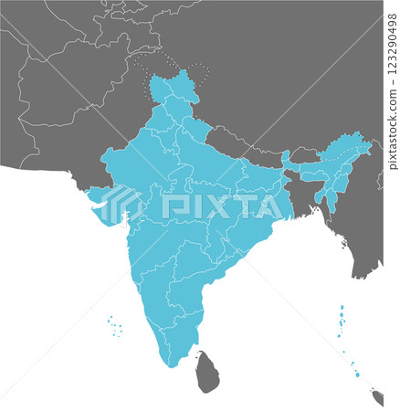 印度及其鄰國的地圖，標有國家邊界，簡單易懂 123290498