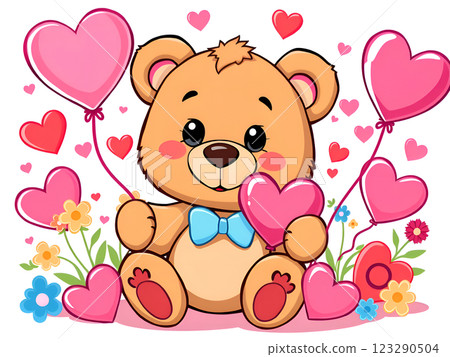Cartoon bear holding heart shaped balloons gift for Valentine's day  123290504