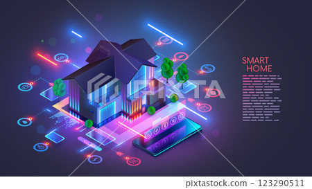 Smart home IOT technology concept banner. Domestic house connected with icons of smart home sensors. Managing the microclimate of smart home from mobile phone. System intelligent control house. IOT. 123290511