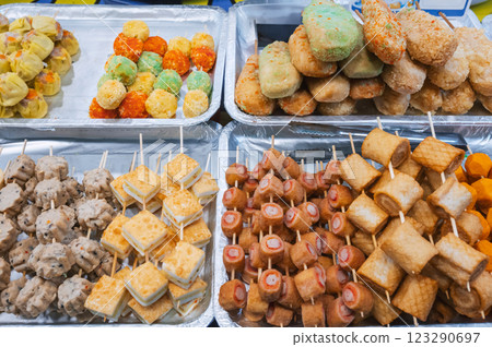 Fast food at Asian night market in Asia. Traditional Vietnamese street food on counter in Vietnam Fast food at Asian night market in Asia. Traditional Vietnamese street food on counter in Vietnam 123290697