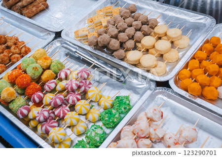 fast food at the vietnamese night market in Vietnam. Traditional asian street food on counter in Asia 123290701
