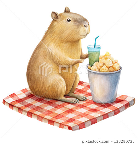 Cute capybara kawaii popcorn bucket clipart watercolor 123290723