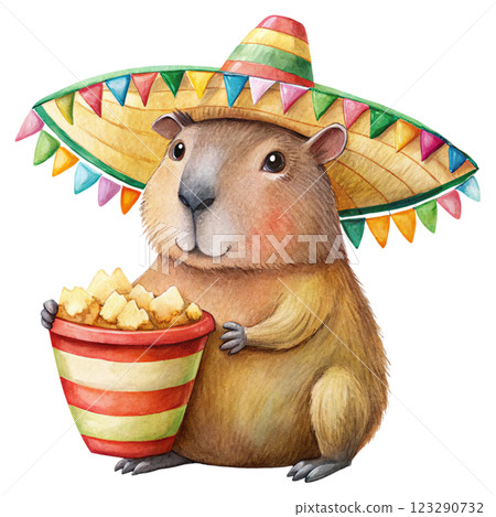 Cute capybara kawaii popcorn bucket clipart watercolor 123290732