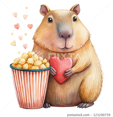 Cute capybara kawaii popcorn bucket clipart watercolor Cute capybara kawaii popcorn bucket clipart watercolor 123290739