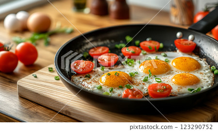 Fried eggs with tomatoes and green herbs in a frying pan on a wooden table. Generative AI 123290752