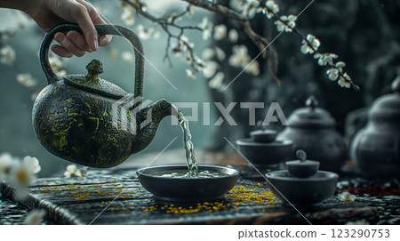 Pouring green tea from an ancient teapot in a tranquil outdoor setting. Generative AI 123290753