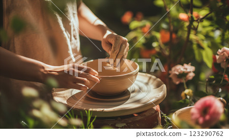 Pottery throwing session amidst blooming flowers in a tranquil garden. Generative AI 123290762