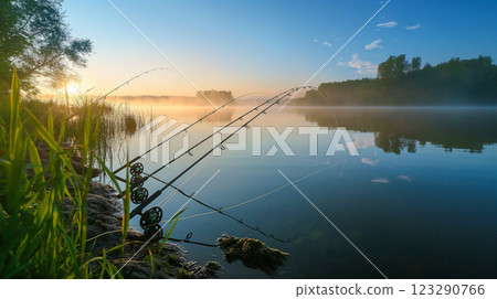 Lakeside fishing at sunrise with mist over calm waters. Generative AI 123290766