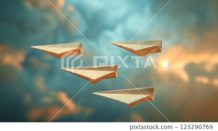 Paper airplanes flying in a blue sky with fluffy clouds during daytime. Generative AI 123290769