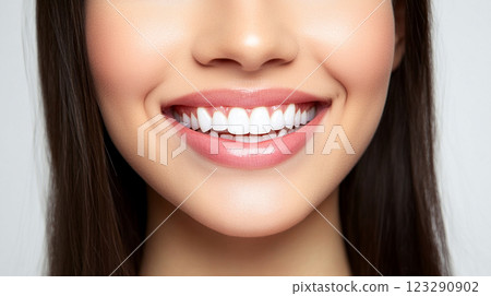 A radiant smile with perfectly aligned, bright white teeth and glossy lips, showcasing excellent dental care and natural beauty. 123290902